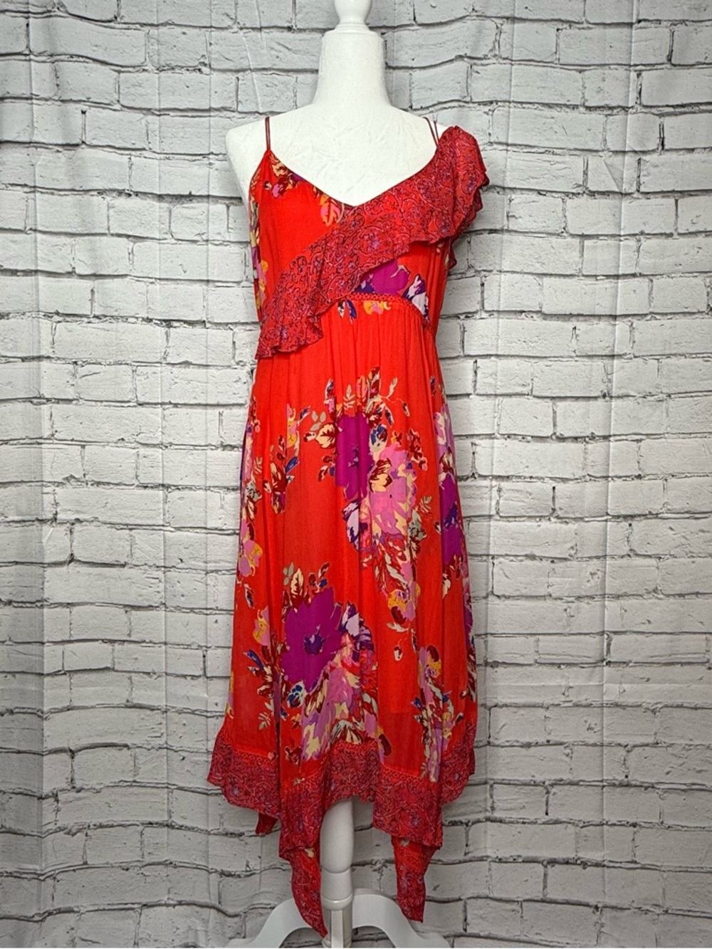 Anthropologie Maeve Grecia Ruffle Floral Asymmetrical Midi Dress Sz 6 Red Fairy